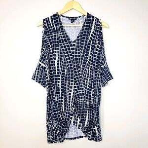 Marble 3/4 Sleeve NWOT Oversized Blue White Print Cold Shoulder Tunic Top